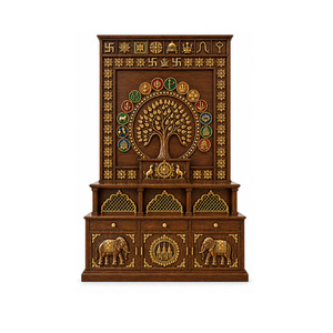 Mandir en bois de teck Vedic Tree Kalpavriksha, unité de temple en bois sculpté lourdement, pour la maison, finition noyer foncé, armoire de prière, en vente au Royaume-Uni - Product Image 1