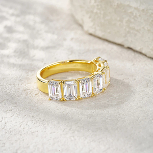 Trendy 925 <b>Silver</b> Gold Plated Classic <b>Emerald</b> Cut Moissanite Stacking Wedding <b>Rings</b> Bezel Setting Half Eternity Matching Band - Product Image 5