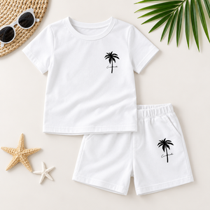 Ensemble de vêtements d'été 2 pièces pour bébés garçons et filles, T-Shirt blanc à manches courtes et short avec imprimé palmier - Product Image 4