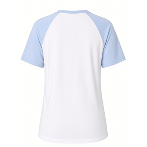 T-shirt unisexe décontracté à manches courtes en coton doux, col rond, bleu clair et blanc, en chenille de qualité supérieure, avec motif lettre brodé - Product Image 4
