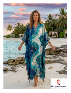 Bohemian Tie Dye Kaftan Dress Women Loose Batwing Sleeve <b>Ankle</b> Length Summer Beach Cover Up Viscose Polyester - Product Image 1