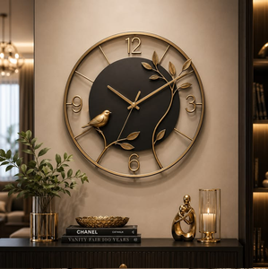 Reloj de pared circular de metal con motivo de pájaro en rama y esfera negra, disponible a precios de mayorista. - Product Image 1
