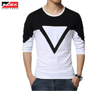 Index Men's Long Sleeve O-Neck Knitted T-<b>Shirt</b> <b>Geometric</b> Pattern Contrast Trim Slim Fit Casual White Black - Product Image 6
