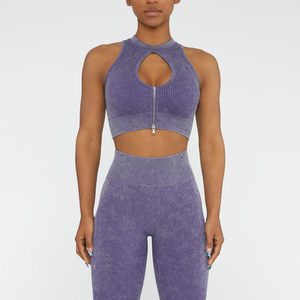 Ensemble de sport côtelé 2 pièces pour femme : Crop top dos nu avec fermeture éclair et leggings taille haute, couleur unie violet, style sportif, printemps-été - Product Image 1