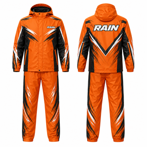 Rain <b>Men's</b> Waterproof Hooded Rain Suit Orange Black Sporty PU Coated <b>Jacket</b> Pants Set Sublimation Print Zipper Closure - Product Image 1