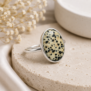 Bague en jaspe dalmatien naturel, argent sterling 925, cabochon ovale, pierre précieuse, bijoux faits à la main pour femmes, vente en gros, bague ajustable KGN - Product Image 2