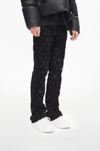 High Quality Cotton Men <b>Jeans</b> American Highstreet Brand Hiphop Mid-Rise Flare Fit Ruffles Corn Ring Black Wash Men's Denim <b>Jeans</b> - Product Image 1
