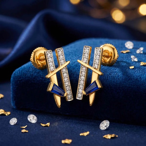 Modern <b>Blue</b> Accent Geometric Bar <b>Stud</b> <b>Earrings</b> with Sleek Gold diamond Design - Product Image 4
