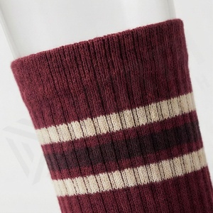 Burgundy Crew <b>Socks</b> With White Stripes And Cream Toe Breathable Knitted For Casual Wear Adults - Product Image 4