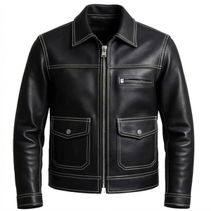 Veste de camionneur pour homme en cuir de vachette véritable, surpiqûres contrastées, fermeture éclair, poche à rabat, noire, style vintage, veste utilitaire pour homme - Product Image 1