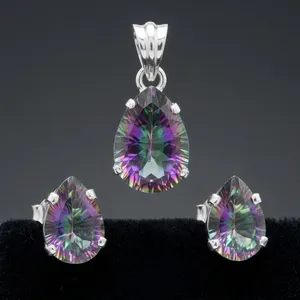 925 Sterling Silver Mystic Topaz Jewelry Set Teardrop Pendant Stud Earrings Multicolor Gemstone Bezel Setting Jewelry Sets - Product Image 4