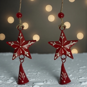 Handmade Red Metal <b>Star</b> And Bell Christmas Ornaments Featuring White Painted Floral Details And Jute Twine Hangers Festive <b>Decor</b> - Product Image 2