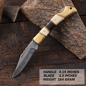 Damascus Steel Bevel Folding Utility <b>Knife</b> Pakka Wood <b>Handle</b> Leather Sheath ODM OEM Pocket EDC Hunting Camping Industrial Grade - Product Image 2