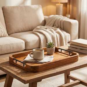 Wooden Rectangle Serving Tray With Handles Rustic Design For Breakfast Dining <b>Table</b> Use Handcrafted Wood Decorative Tray - Product Image 6