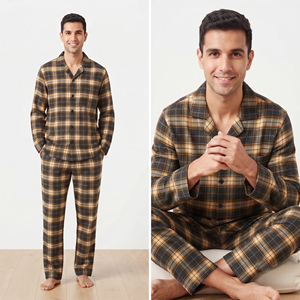 Ensemble de pyjama à carreaux pour homme en flanelle, chemise boutonnée, vêtements de nuit chauds - Product Image 5