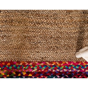 Tapis d'extérieur rectangulaire en jute tressé style bohème, couleur naturelle avec bordure multicolore, à poils plats, pour salon - Product Image 2