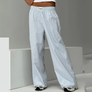 Pantalones de Mujer con Logotipo Personalizado, Casuales, 100% Algodón, Holgados, con Rayas Azules, Pantalones Largos, Tallas Grandes - Product Image 5