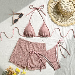 Nuevo Bikini de Tres Piezas en Color Sólido 2026, Traje de Baño Sexy con Encaje y Pantalones Planos, Bikini Sexy con Tiras - Product Image 1