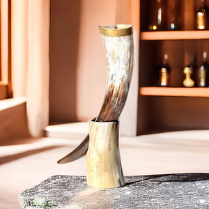 Viking Drinking Horns with Love Stand Polished Natural Buffalo Horn Craft Eco-Friendly Souvenir Portable Manufactured in India - Product Image 1