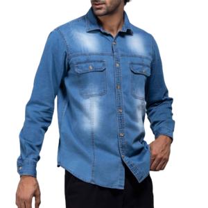 เสื้อเชิ้ตยีนส์ผู้ชายทรงสลิมฟิต แขนยาว สไตล์ลำลอง ผ้าฝ้าย แต่งกระดุม ล้างสีอ่อน ขายส่ง - Product Image 2