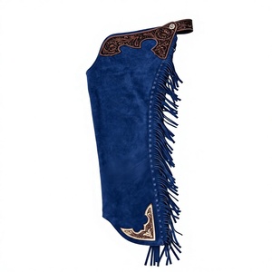 Chaps de cowboy en daim bleu western faits main ODM, taille mi-haute, logo frontal, encolure en cuir floral gravé à la main, franges, longueur intégrale - Product Image 1