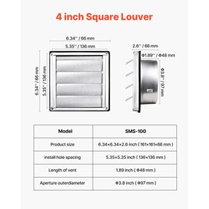 Copertura per Ventilazione a Parete in Acciaio Inox Premium da 4 Pollici, Griglia Quadrata per Condizionatore con Guarnizione in Gomma Fonoassorbente - Product Image 2