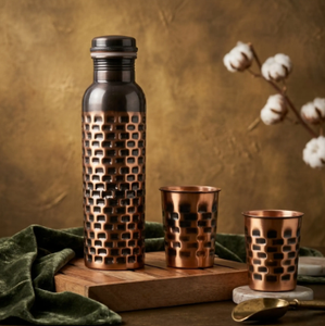 Antique Dark Bronze Finish Pure Copper Water <b>Bottle</b> With Fluted Ribbed Textured Grip Band Handcrafted Rustic Copper Water <b>Flask</b> - Product Image 5