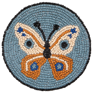 Sous-verre de luxe perlé, tapis de table décoratif, dessous de verre rond motif papillon bleu, orange et blanc - Product Image 1