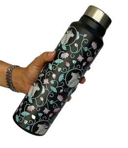 Handcrafted Stainless <b>Steel</b> Water <b>Bottle</b> with Floral Cow Design Black Matte Reusable Leakproof Eco-Friendly <b>Bottle</b> - Product Image 3