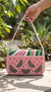 Bolso de Hombro Rectangular Bordado a Mano con Diseño de Sandía, Cuentas de Vidrio de Poliéster, Rosa Verde, Lavable, para Uso Diario - Product Image 2