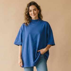 T-shirts à manches courtes oversize pour femmes, col montant, style décontracté, coupe ample, style sportif, épaules tombantes - Product Image 1