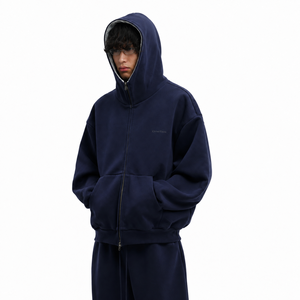Men's Oversized <b>Navy</b> Blue Zip-Up Hoodie 100% Cotton Fleece Casual Hooded <b>Sweatshirt</b> Solid Color Front Logo Autumn Wear - Product Image 5