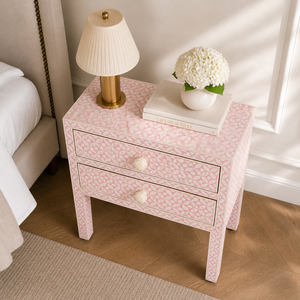 Pink Bone Inlay Nightstand 2 <b>Drawer</b> Bedside Table Modern Geometric Wood <b>Side</b> Cabinet for Bedroom Living Room Apartment & Hotel - Product Image 3