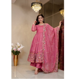 Ensemble Anarkali Gown Palazzo Dupatta très demandé, en soie froissée douce avec broderies, paillettes multiples et travail au fil. - Product Image 1
