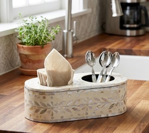 Luxury Mother of Pearl Inlay Oval Tissue Box <b>Cover</b> with Utensil Organizer Decorative Tissue Holder for <b>Dining</b> <b>Table</b>, Kitchen - Product Image 5