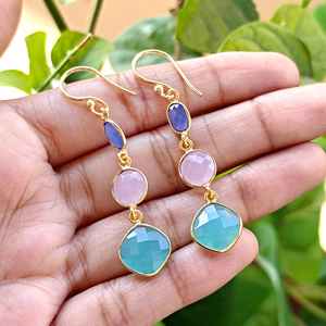 Multiple chalcedony checker cut fancy stone bezel setting drop <b>hook</b> <b>earring</b> handmade 18k gold plated gemstone dangle ear jewelry - Product Image 5