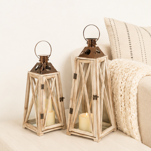 Juego de 2 Faroles Rústicos de Madera Hechos a Mano, de Madera de Acacia Blanqueada, Portavelas Decorativos para Decoración del Hogar Estilo Granja - Product Image 4