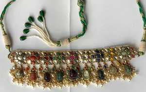 Gold Fine Jewelry <b>Set</b> Ethnic Natural Stone Choker Necklace with Navratan Pendant for Women's Wedding Party - Product Image 3
