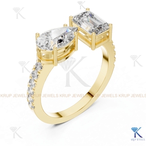 Custom Lab Grown CVD Diamond Toi et Moi Ring Pear Emerald Cut Pave <b>Solid</b> Gold - Product Image 4