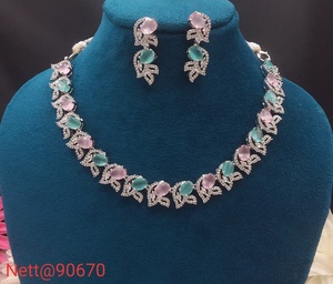 Romantic <b>Silver</b> Plated Alloy Necklace and Earring <b>Set</b> with Pink Green Crystal Rhinestones Plant Pattern for Women Wedding - Product Image 1