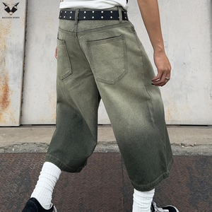 2026 Fashion Men's <b>Green</b> Gradient Wash <b>Denim</b> Jorts Vintage Loose Fit Wide Leg <b>Denim</b> <b>Shorts</b> Streetwear Custom Logo Cargo Jorts - Product Image 6