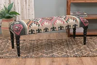 Banc Kilim Fait Main Style Marocain, Siège Rembourré en Bois, Tapis Kilim Indien, Meuble Bohème pour Entrée ou Salon
