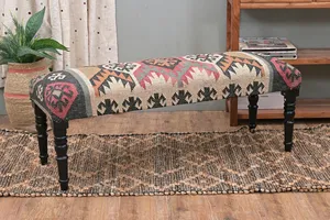 Handmade Kilim <b>Bench</b> Moroccan Style Upholstered <b>Wooden</b> Seat Indian Jute Kilim Furniture Boho Entryway <b>Bench</b> for Living Room - Product Image 3