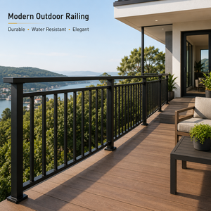 Balustrade de terrasse extérieure pour villa, montée au sol - Garde-corps en aluminium et fer noir mat, design moderne de haute qualité, résistant à l'eau - Product Image 5