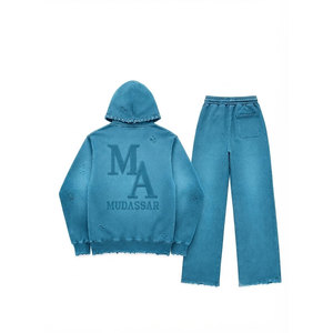 Mudassar Blue Acid Washed Beaded Tracksuit Set Cotton <b>Polyester</b> <b>Hoodie</b> Joggers Loose Fit 380 Gsm Casual Heat Transfer Print Logo - Product Image 2