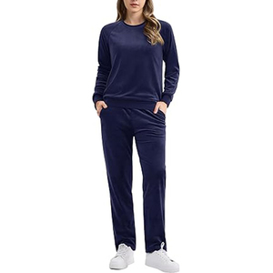 <b>Women's</b> Solid Navy Blue <b>Velour</b> <b>Tracksuit</b> Set Long Sleeve Crew Neck Full Length Pants With Side Pockets Casual Wear Autumn Style - Product Image 1