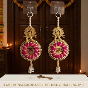 Handcrafted Traditional Lord Ganesha Medallion Shubh Labh Wall Hanging <b>Pink</b> Silk Banding Pearls for <b>Home</b> <b>Decor</b> Anniversary - Product Image 2