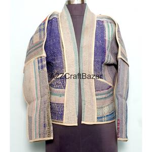 Chaqueta de Cuello Alto con Botones, Tejida a Mano, Reversible, Ecológica, Transpirable, de Secado Rápido, de Algodón, Estilo Vintage Kantha, para Mujer, Primavera Verano - Product Image 1