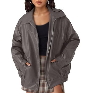 Chaquetas Extra Grandes de Cuero Genuino para Mujer, Color Gris, Chaquetas de Alta Calidad para Mujer, Abrigos de Motocicleta a la Moda al por Mayor, Logotipo Personalizado OEM - Product Image 1