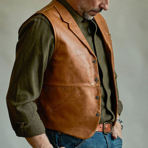 Men's Brown Leather Vest Single Breasted Turn-down Collar Casual Outerwear Regular Length Solid Color Button Closure - Product Image 5